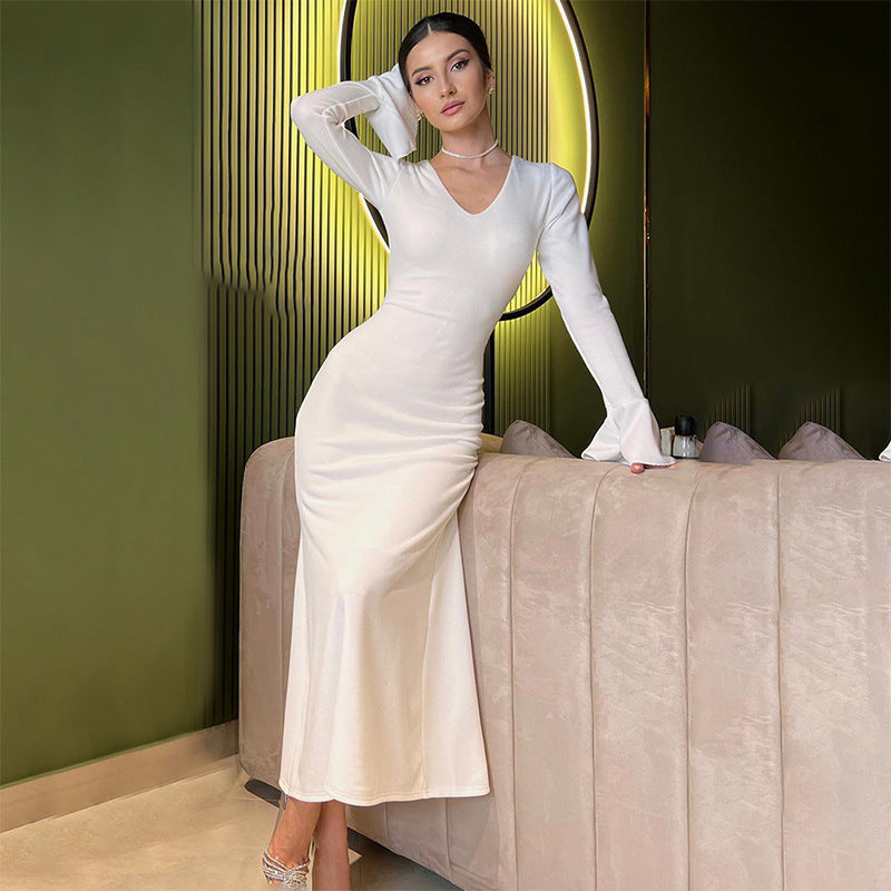 Solid Color Bell Sleeve Tied Slim Fit Dress