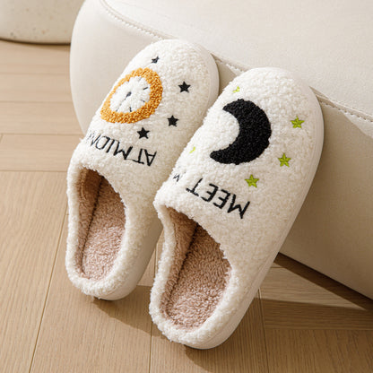 Moon And Clock Print Slipper Winter Warm Home Shoes Cute Bedroom Slippers