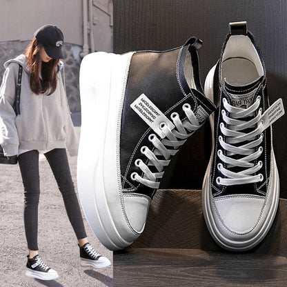 New Slim And Versatile High-Top Leather White Shoes For Women