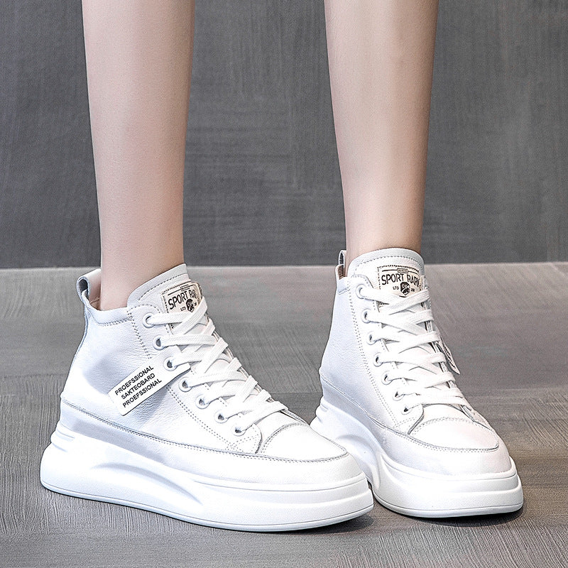 New Slim And Versatile High-Top Leather White Shoes For Women