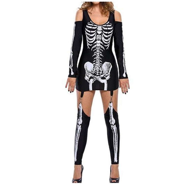 Skull Skeleton Print Sexy Off-shoulder Halloween Costume Dark Performance Costume