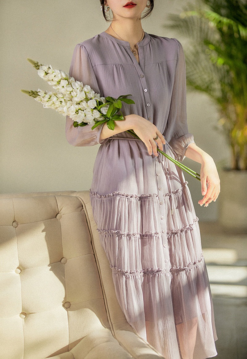 Light Smoked Purple  Silk Gathered Lace-Up Dress