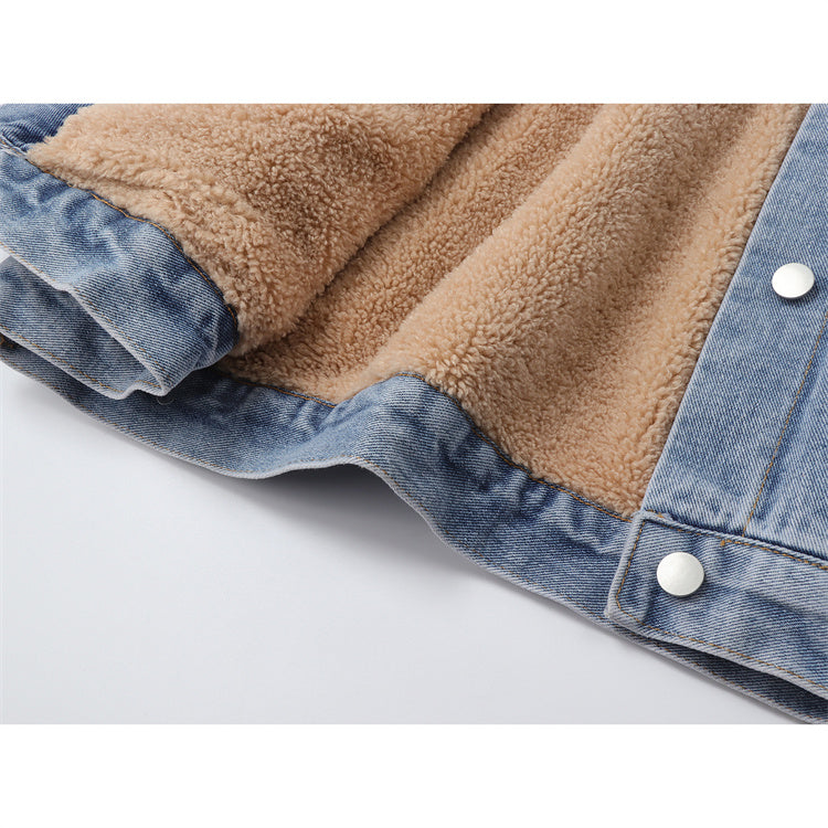 Denim Lamb Wool Loose Stitching Design Plus Velvet Cotton Jacket