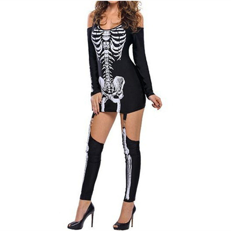 Skull Skeleton Print Sexy Off-shoulder Halloween Costume Dark Performance Costume