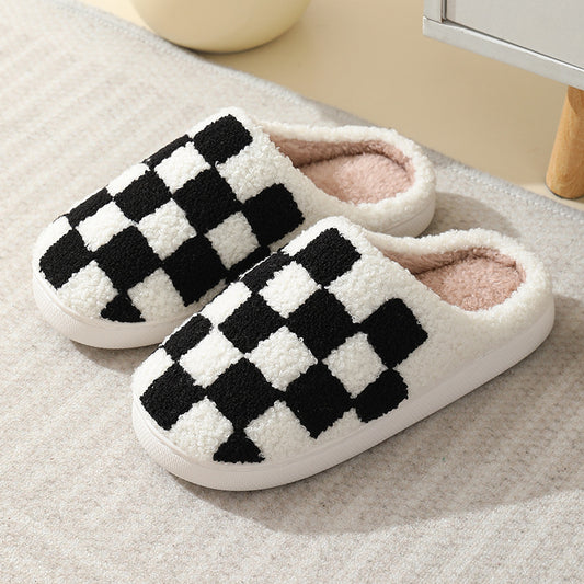 Checkerboard Print Slippers Winter House Shoes Men And Women Couple Home Floor Warm Cotton Slippers