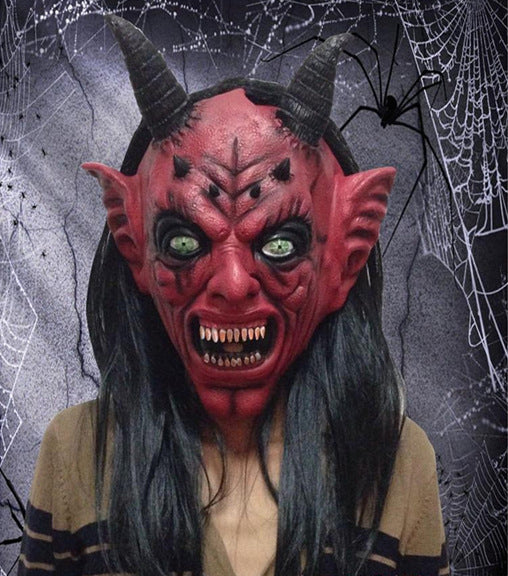 Halloween Scary Latex Devil Head Face Mask Long Hair Party Cosplay Costume Props