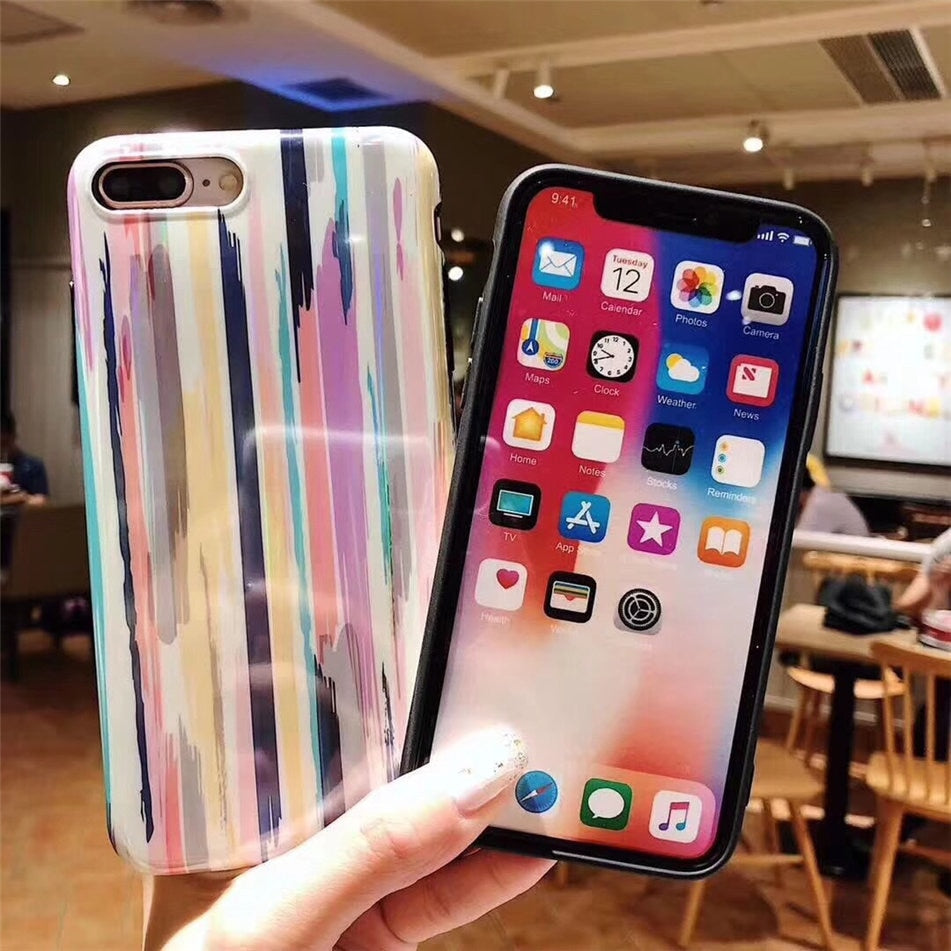 Compatible with Apple, Colorful Rainbow Case For iPhone XS Max XR X IMD Silicone Phone Cases For iPhone 7 6 6s 8 Plus Soft TPU Back Cover Coque