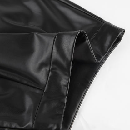 Slit Leather Mid Length Skirt High Waist Skirt