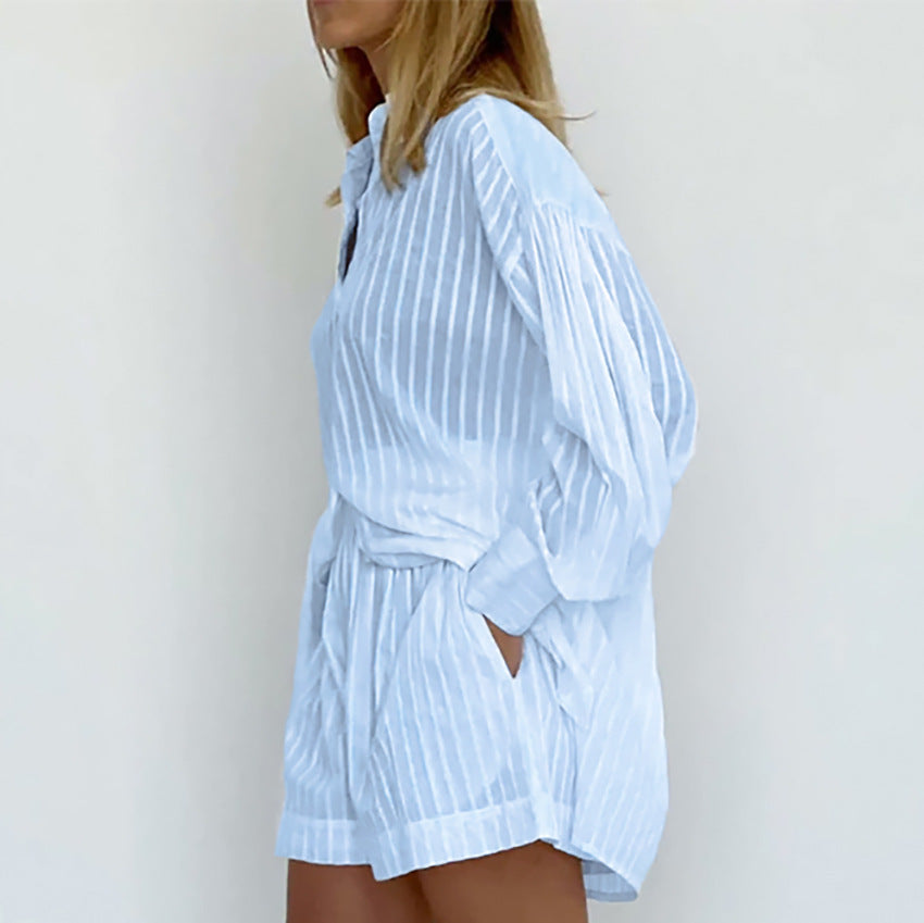 Graceful And Fashionable Striped Puff Sleeve Shorts Set
