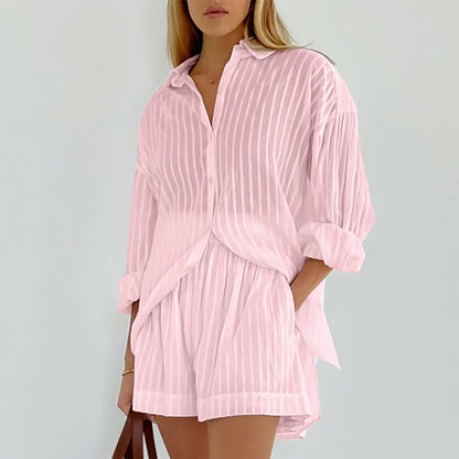 Graceful And Fashionable Striped Puff Sleeve Shorts Set
