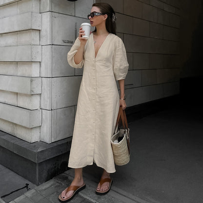 Women's Fashion Casual Cotton Linen V-neck Puff Sleeve Dress