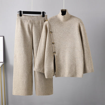 Niche Stand Collar Slit Knitted Turtleneck Sweater Women Winter Warm Set