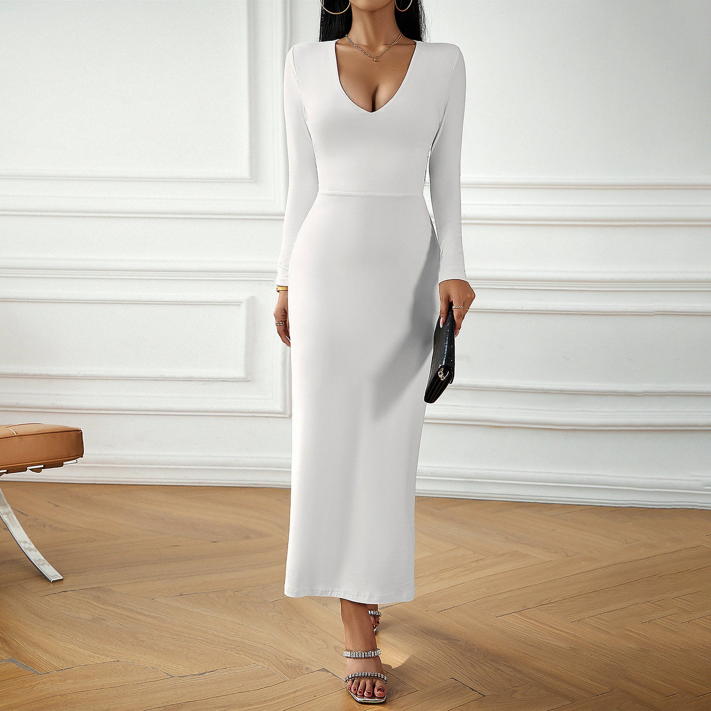 Women's Fashion Casual V-neck Sheath Long Sleeve Dress