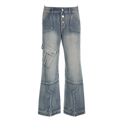Irregular Asymmetric Denim Split Washed Jeans Low Waist Loose Flared Trousers