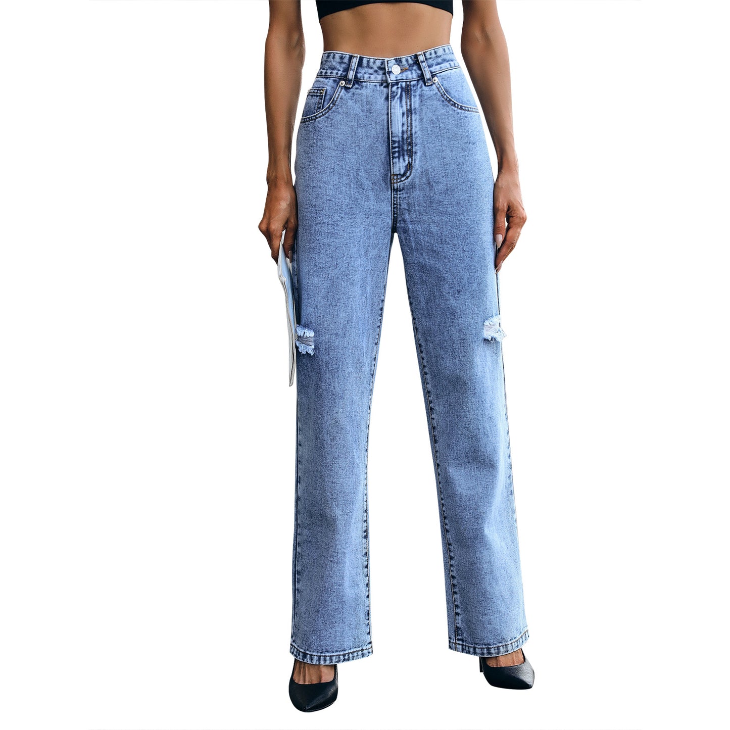 High Waist Loose Mop Slimming Fashionable Ripped Denim Jeans