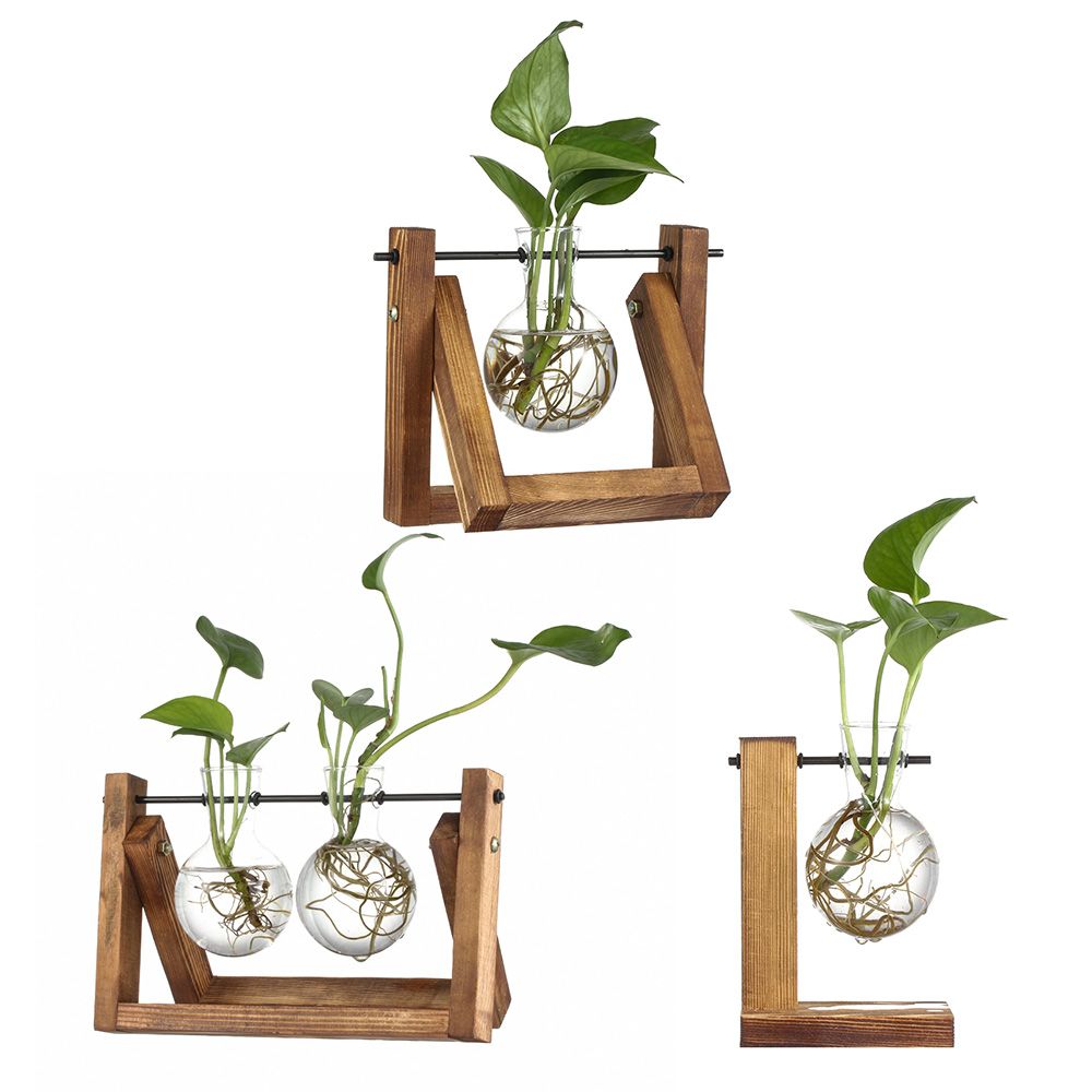 New Hydroponic Plant Vases Glass Vase with Wooden Tray Vintage Bonsai Planter Flower Pot Terrarium Tabletop Tray Home Decoration