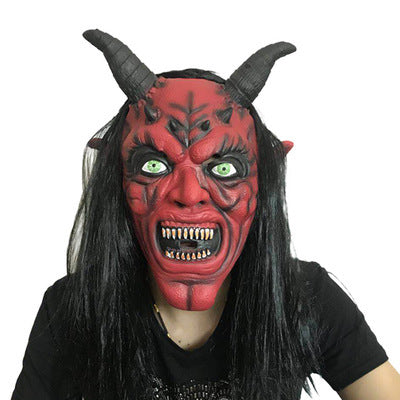 Halloween Scary Latex Devil Head Face Mask Long Hair Party Cosplay Costume Props