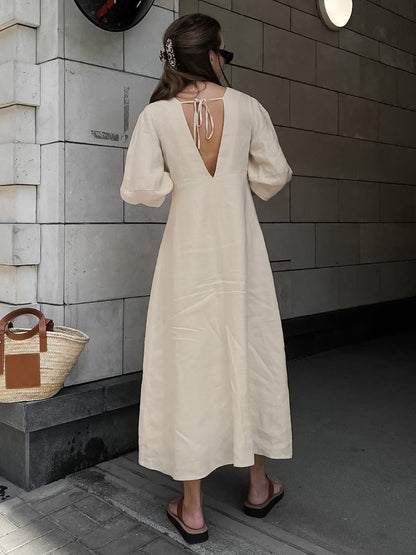 Women's Fashion Casual Cotton Linen V-neck Puff Sleeve Dress