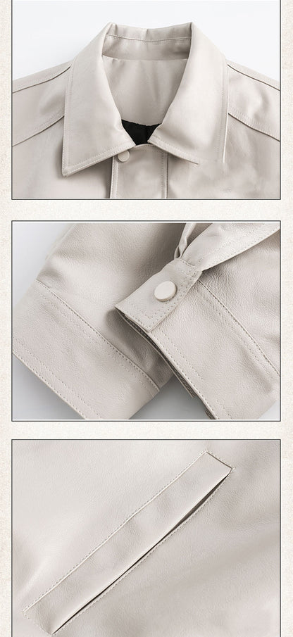 Drop Shoulder Lapel Leather Coat