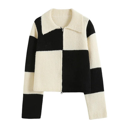 Black And White Checkerboard Knitted Cardigan
