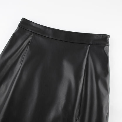 Slit Leather Mid Length Skirt High Waist Skirt