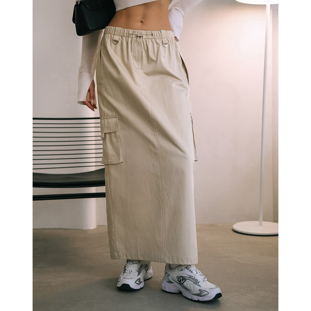 Elastic Waist Double Pocket Cotton High Waist Skirt