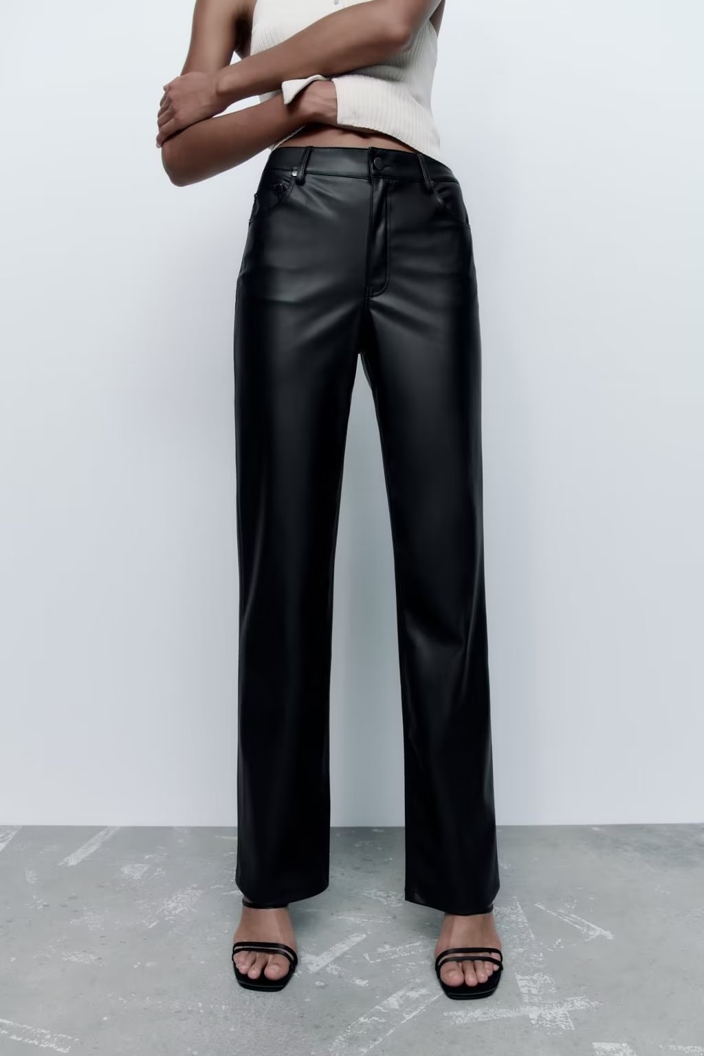 Early Autumn Women Clothing High Waist Solid Color Anti Faux Leather Casual Wide Leg Pants Trousers