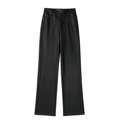 Early Autumn Women Clothing High Waist Solid Color Anti Faux Leather Casual Wide Leg Pants Trousers