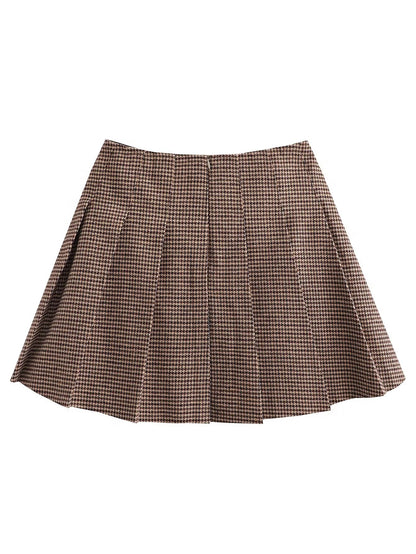Coffee Plaid Pleated Skirt Early Autumn Plaid Skirt