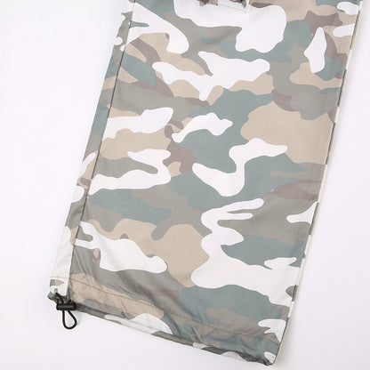 Women Clothing Street Camouflage Cargo Pants Elastic Waist Drawstring Pocket Baggy Straight Trousers