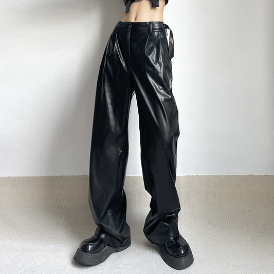Leather Pants Metal Buckle Belt Loose Casual Straight Trousers