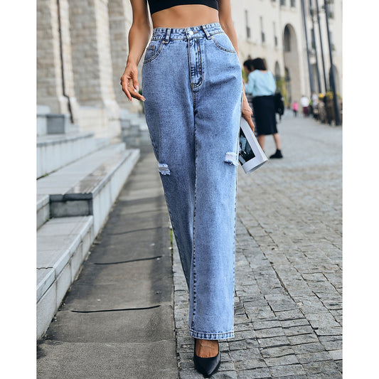 High Waist Loose Mop Slimming Fashionable Ripped Denim Jeans