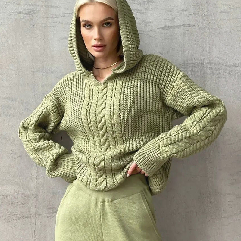 Hooded Long Sleeve Knitted Sweater