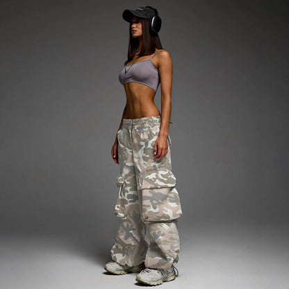 Women Clothing Street Camouflage Cargo Pants Elastic Waist Drawstring Pocket Baggy Straight Trousers