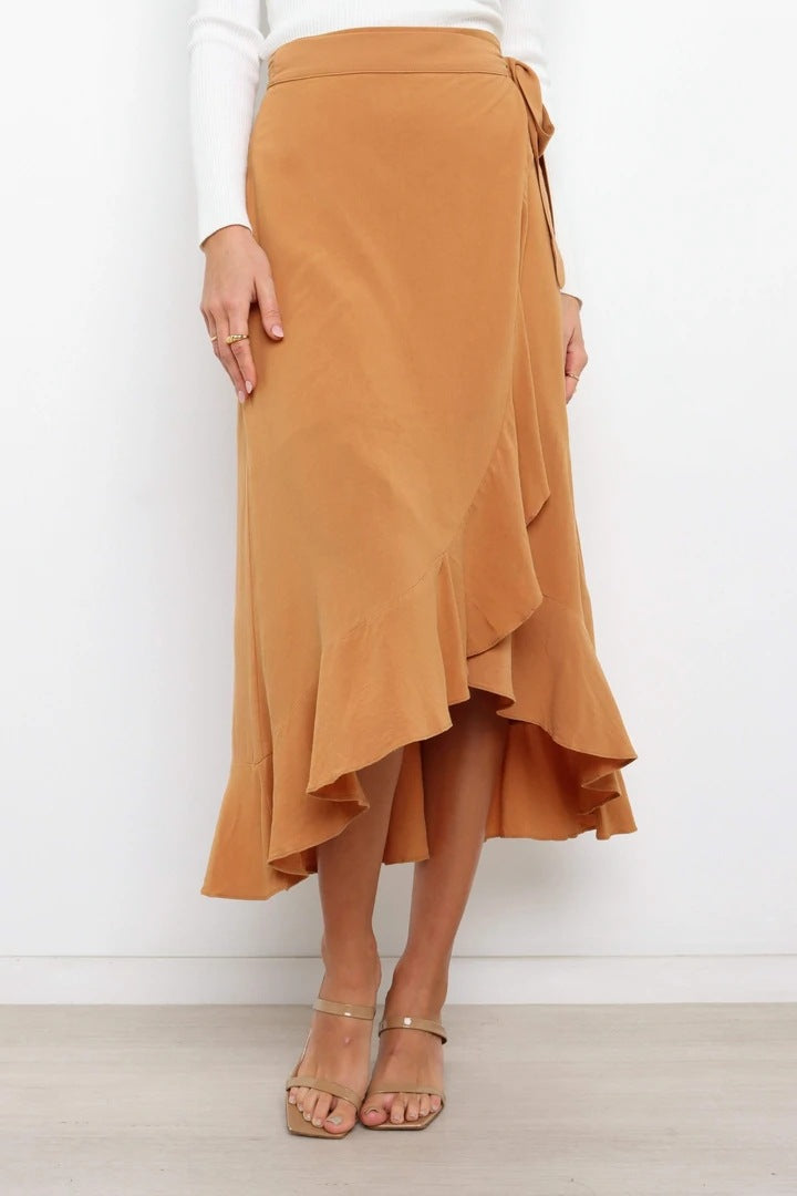 Self-Tie  Irregular Asymmetric Sheath Solid Skirt