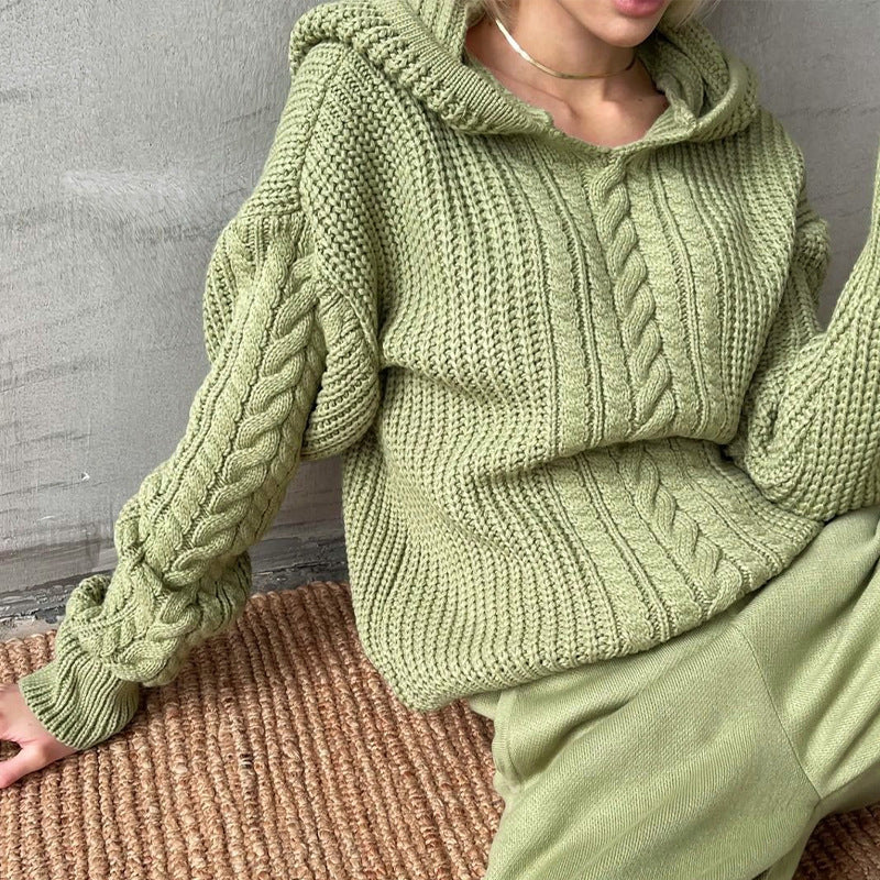 Hooded Long Sleeve Knitted Sweater