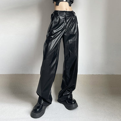 Leather Pants Metal Buckle Belt Loose Casual Straight Trousers