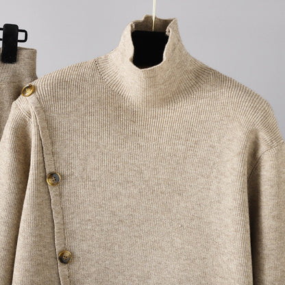 Niche Stand Collar Slit Knitted Turtleneck Sweater Women Winter Warm Set